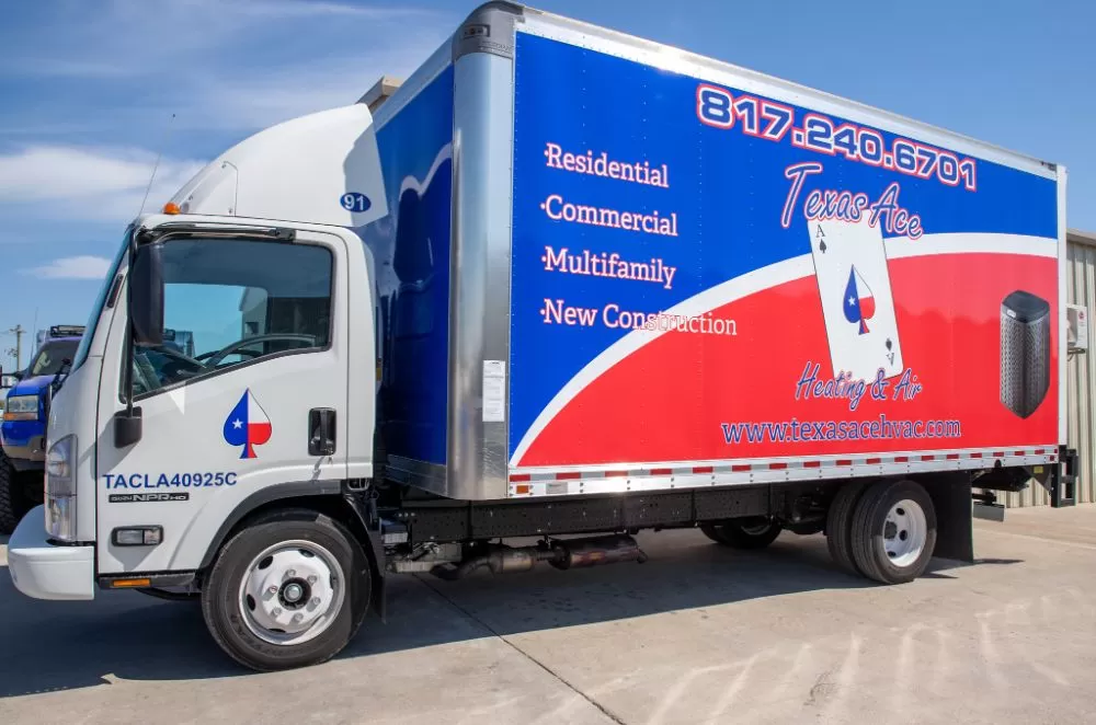 Texas Aces HVAC truck, ready to support any HVAC installation or repair projects in Dallas, TX