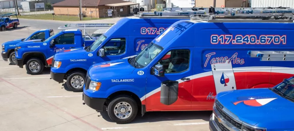 Texas Aces HVAC truck fleet, ready to service or repair hvac systems across Dallas and Fort Worth, TX