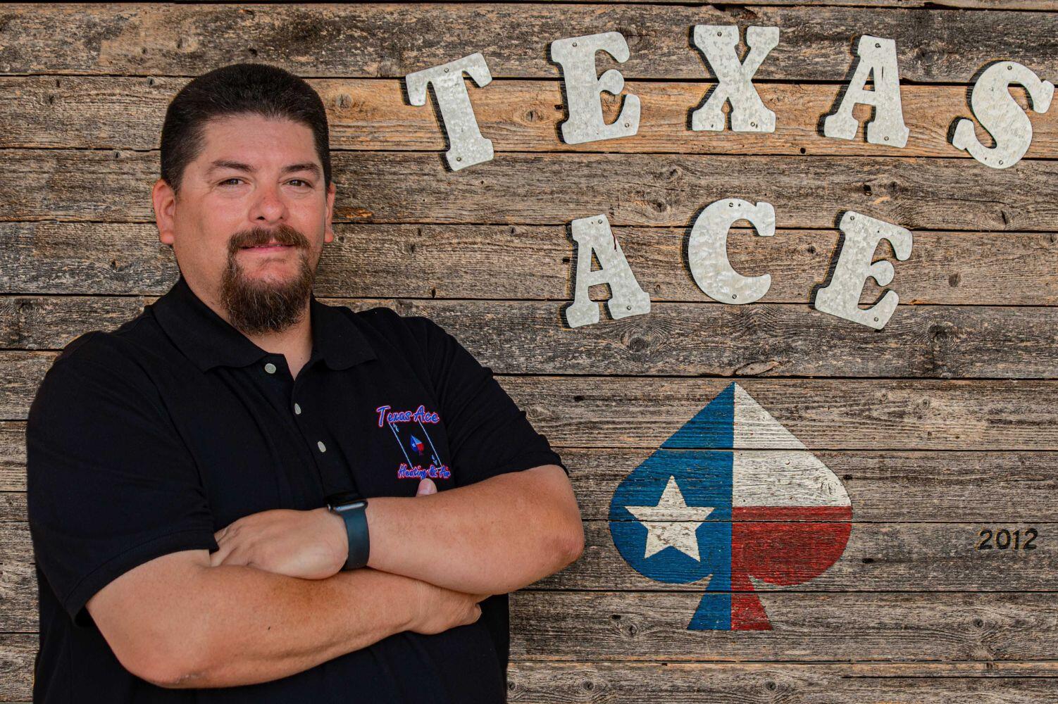 Andrew Vera infront of Texas Ace sign